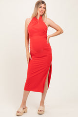 Red Halter Low Back Ruched Maternity Midi Dress
