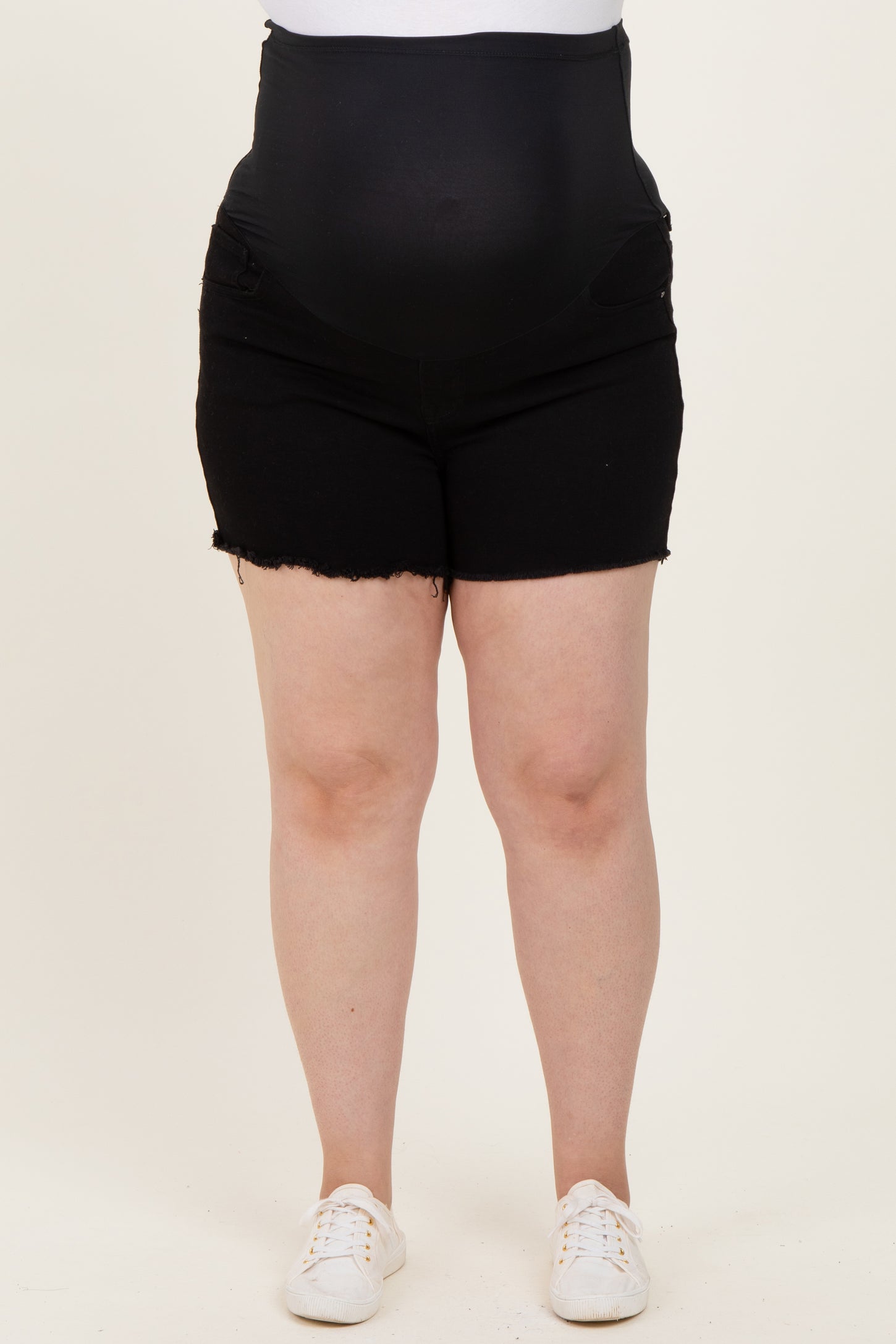 Black Cut Fringe Hem Maternity Plus Jean Shorts