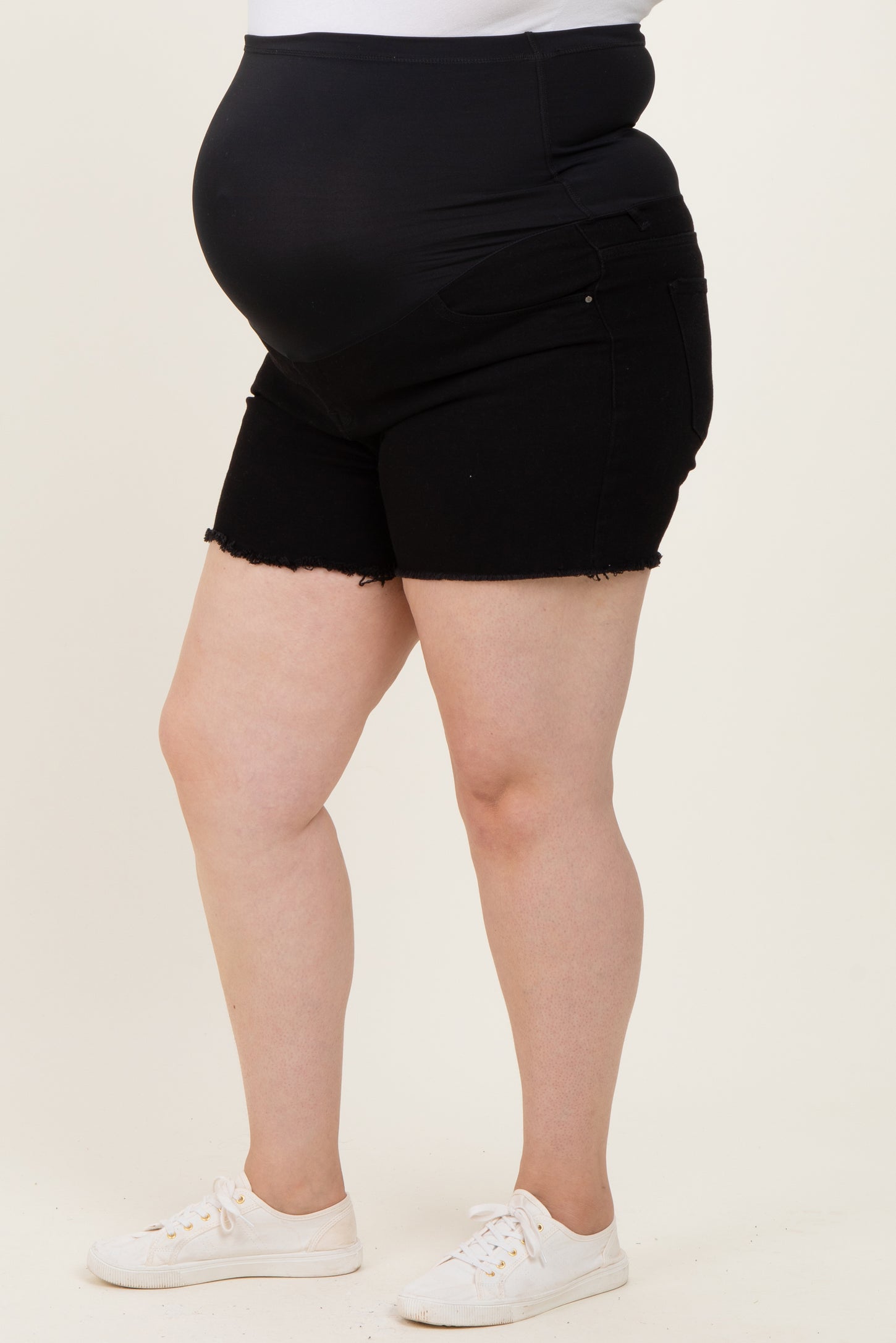 Black Cut Fringe Hem Maternity Plus Jean Shorts