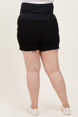Black Cut Fringe Hem Maternity Plus Jean Shorts
