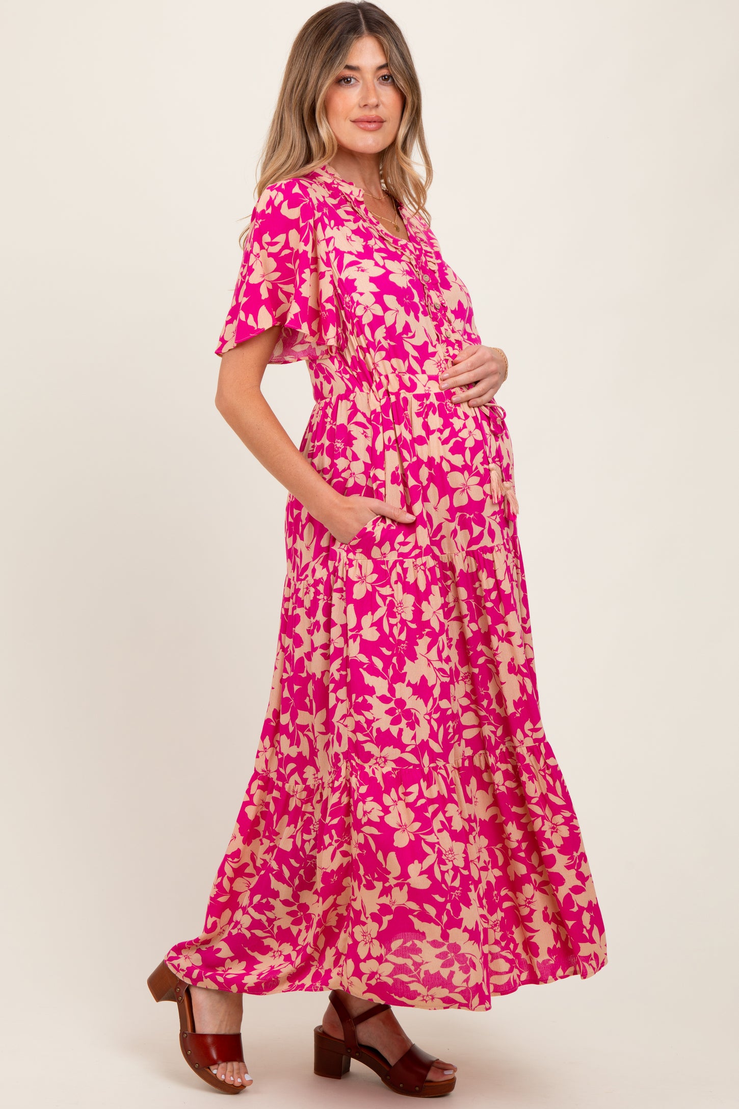 Fuchsia Button Ruffle Detail Maternity Maxi Dress