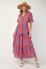 Orange Button Ruffle Detail Maxi Dress