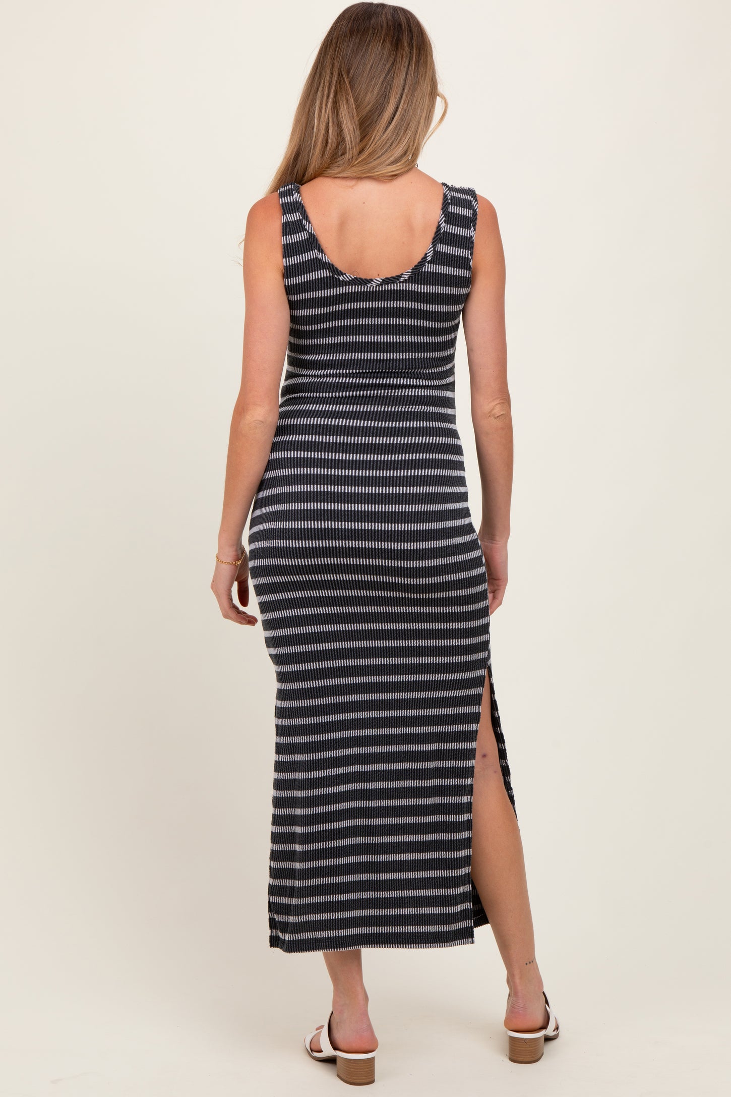 Black Striped Ribbed Sleeveless Side Slit Maternity Maxi Dress