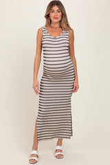 Ivory Striped Ribbed Sleeveless Side Slit Maternity Maxi Dress
