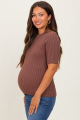 Mocha Ribbed Mock Neck Knit Maternity Short Sleeve Top