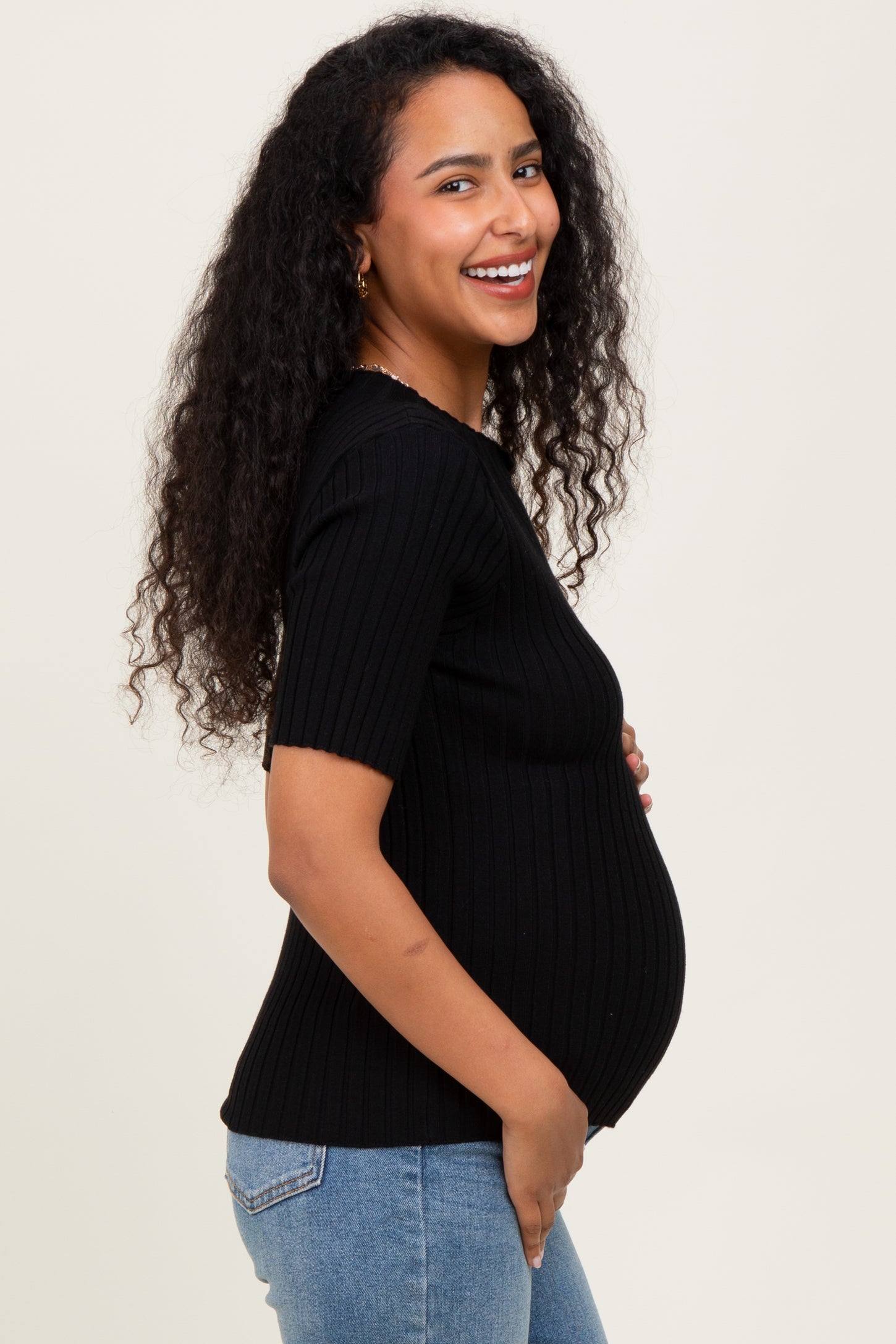 Black Ribbed Mock Neck Knit Maternity Short Sleeve Top