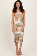 Light Olive Abstract Print Lace Up Back Ruched Midi Dress