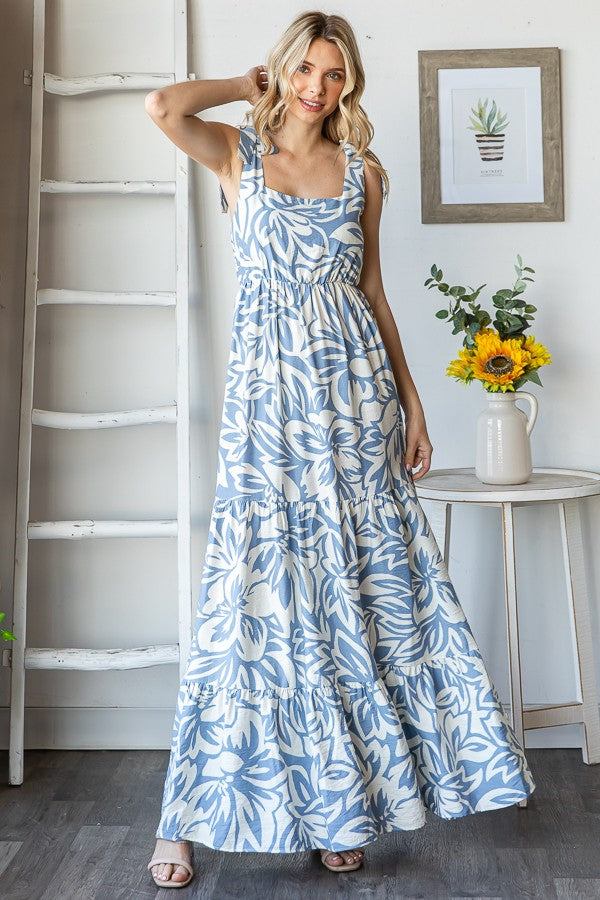 Blue Floral Shoulder Tie Tiered Maternity Maxi Dress