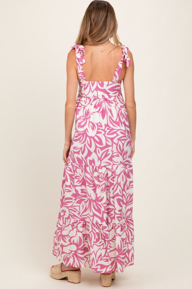 Mauve Floral Shoulder Tie Tiered Maternity Maxi Dress