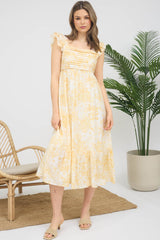 Yellow Floral Ruffle Strap Pleated Bodice Maternity Midi Dress