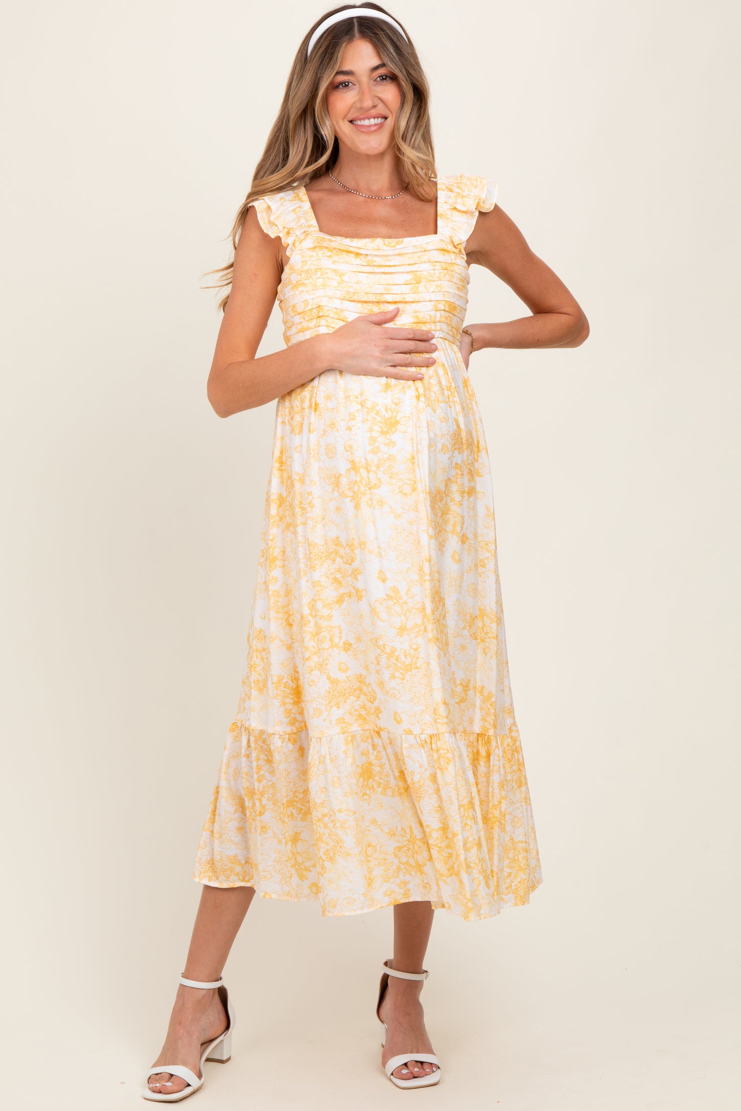 Yellow Floral Ruffle Strap Pleated Bodice Maternity Midi Dress