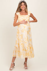 Yellow Floral Ruffle Strap Pleated Bodice Maternity Midi Dress