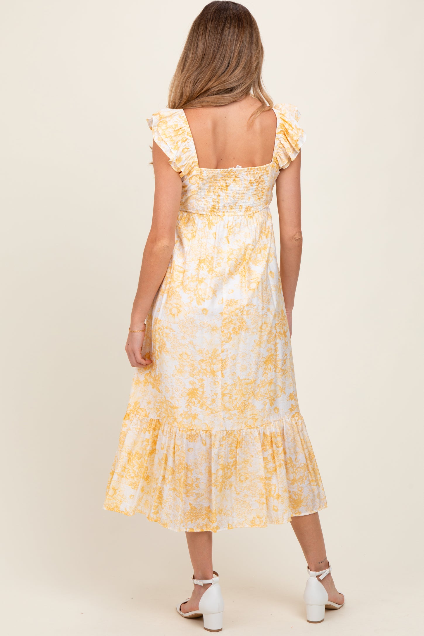 Yellow Floral Ruffle Strap Pleated Bodice Maternity Midi Dress