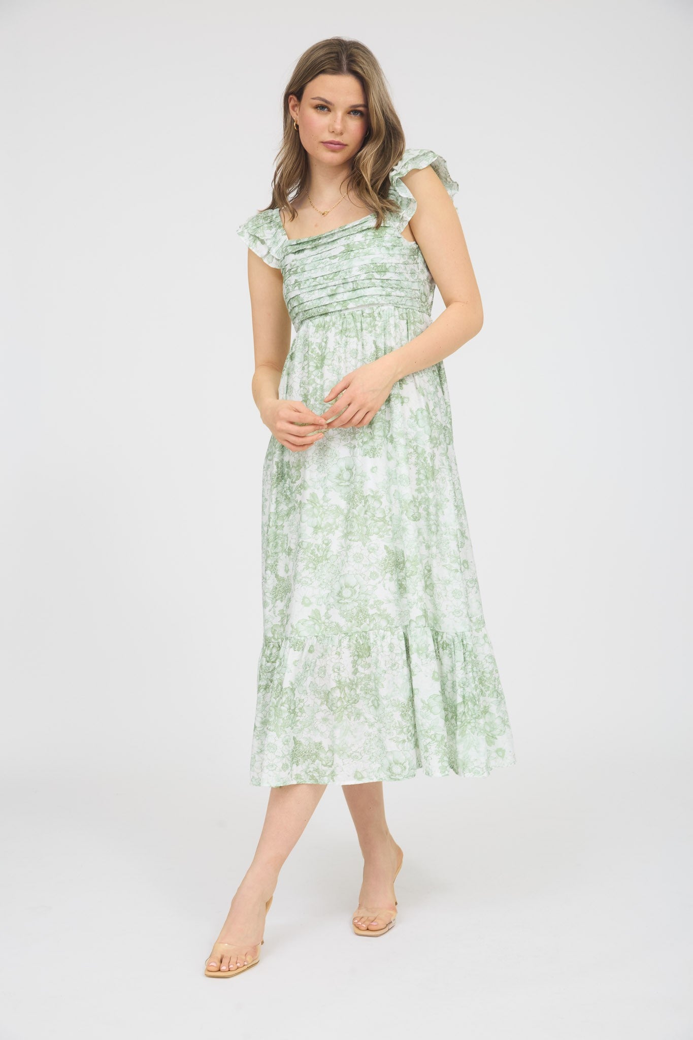 Light Olive Floral Ruffle Strap Pleated Bodice Midi Dress
