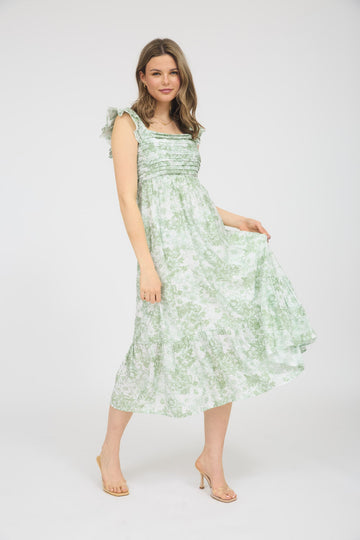 Light Olive Floral Ruffle Strap Pleated Bodice Midi Dress
