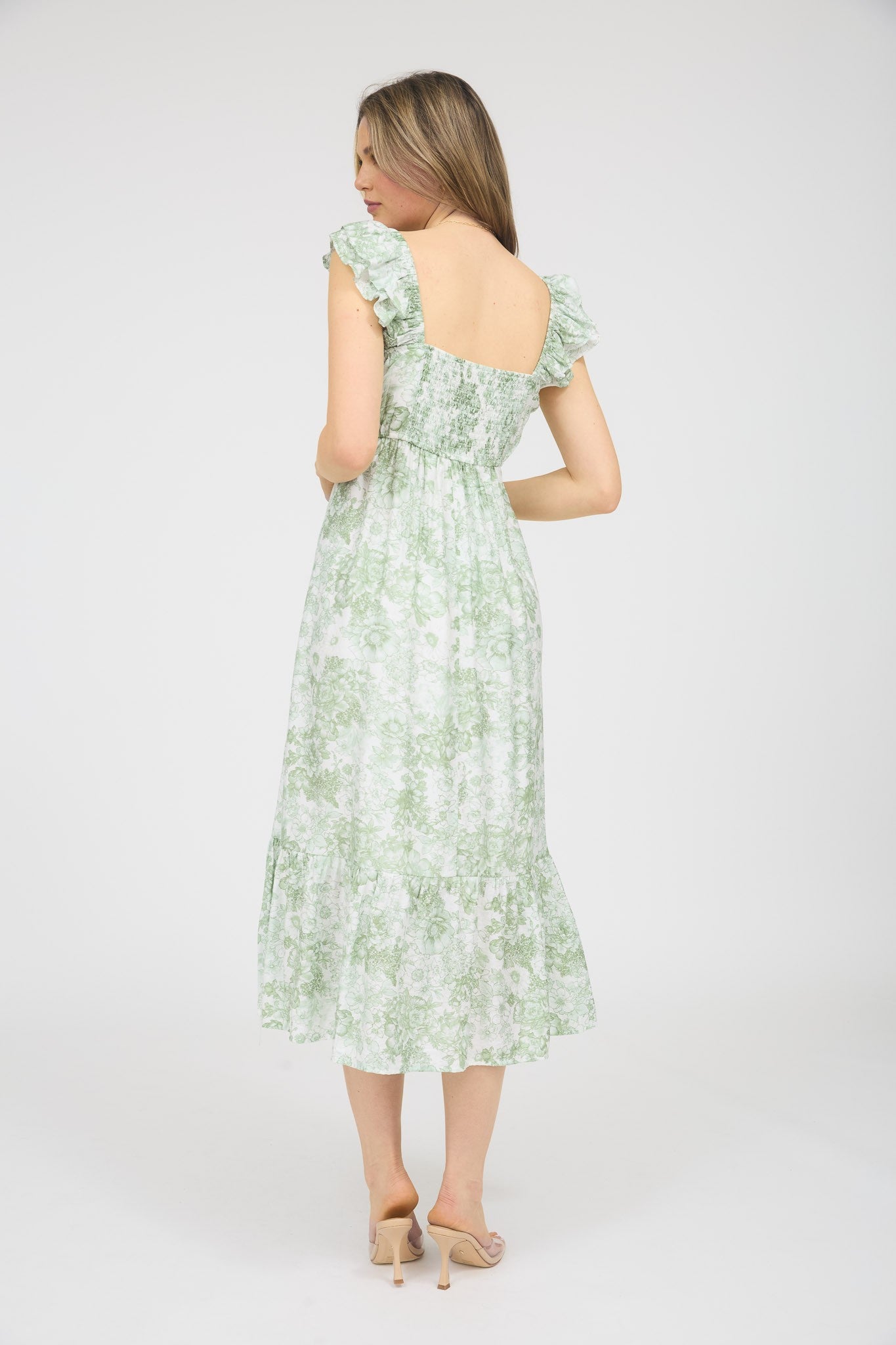 Light Olive Floral Ruffle Strap Pleated Bodice Midi Dress