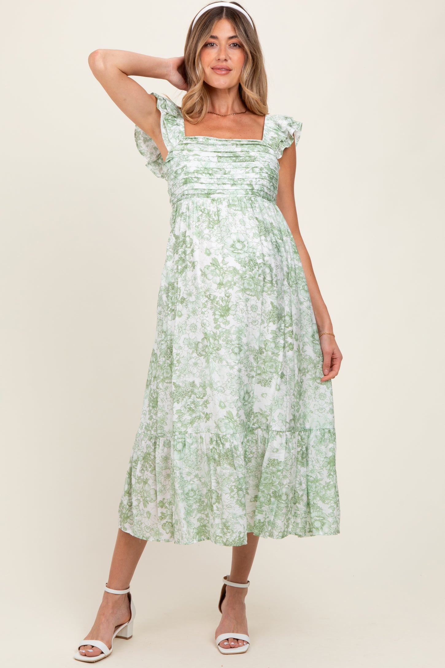 Light Olive Floral Ruffle Strap Pleated Bodice Maternity Midi Dress