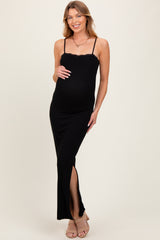 Black Lace Trim Side Slit Maternity Maxi Dress
