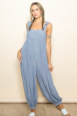 Blue Floral Ruffle Strap Barrel Leg Jumpsuit