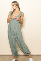 Green Floral Ruffle Strap Barrel Leg Jumpsuit