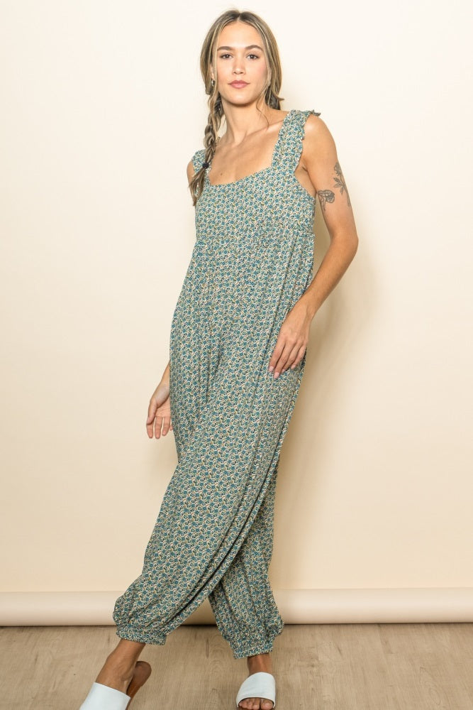 Green Floral Ruffle Strap Barrel Leg Jumpsuit