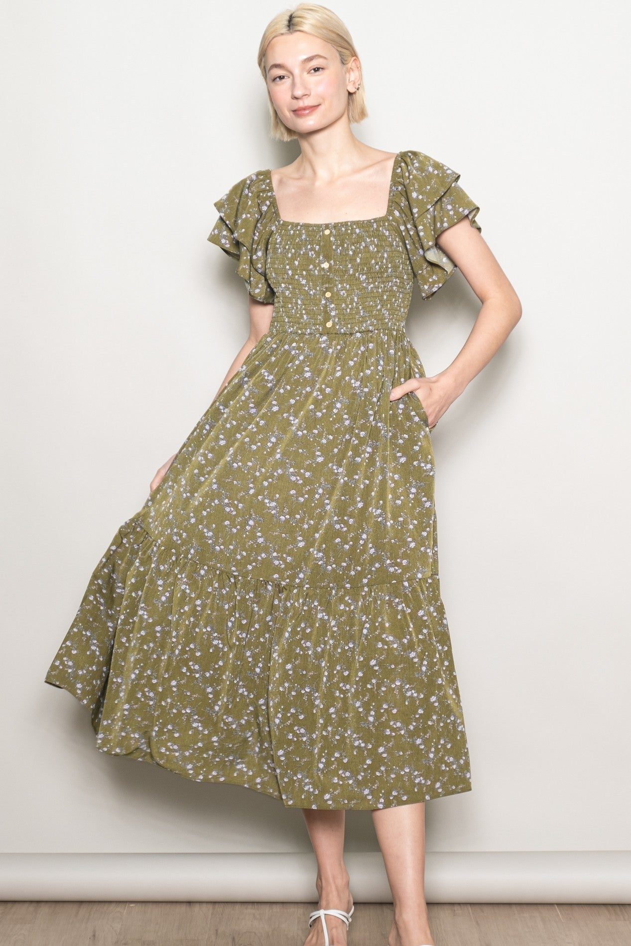 Olive Floral Smocked Flutter Sleeve Maternity Midi Dress