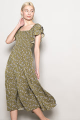 Olive Floral Smocked Flutter Sleeve Midi Dress