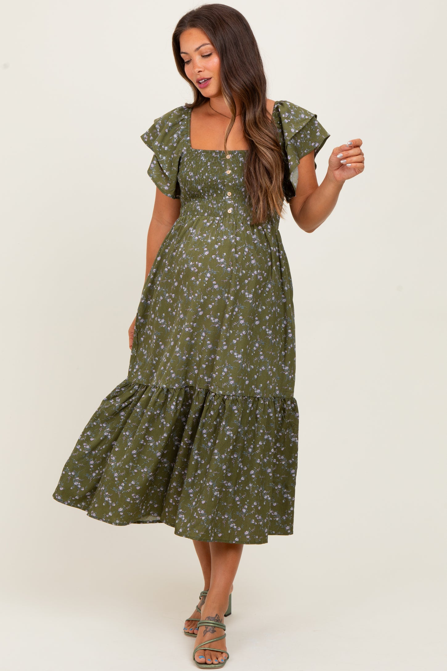 Olive Floral Smocked Flutter Sleeve Maternity Midi Dress