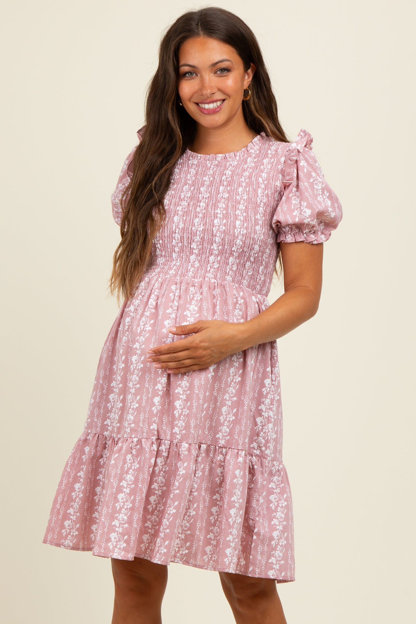 Pink Floral Smocked Ruffle Accent Maternity Dress