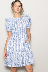 White Floral Smocked Ruffle Accent Maternity Dress