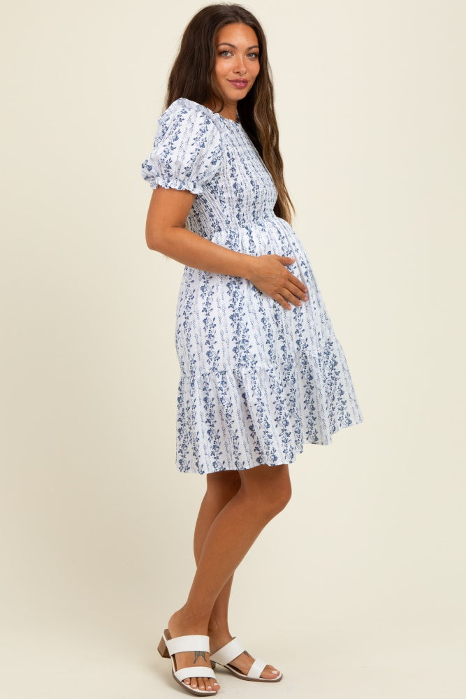 White Floral Smocked Ruffle Accent Maternity Dress