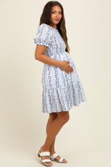 White Floral Smocked Ruffle Accent Maternity Dress