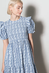 Blue Floral Smocked Ruffle Accent Dress