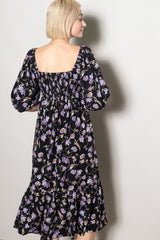 Black Floral Pleated Bodice 3/4 Sleeve Midi Dress
