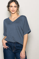 Dark Blue Oversized V-Neck Front Pocket Maternity T-Shirt