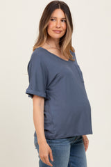 Dark Blue Oversized V-Neck Front Pocket Maternity T-Shirt