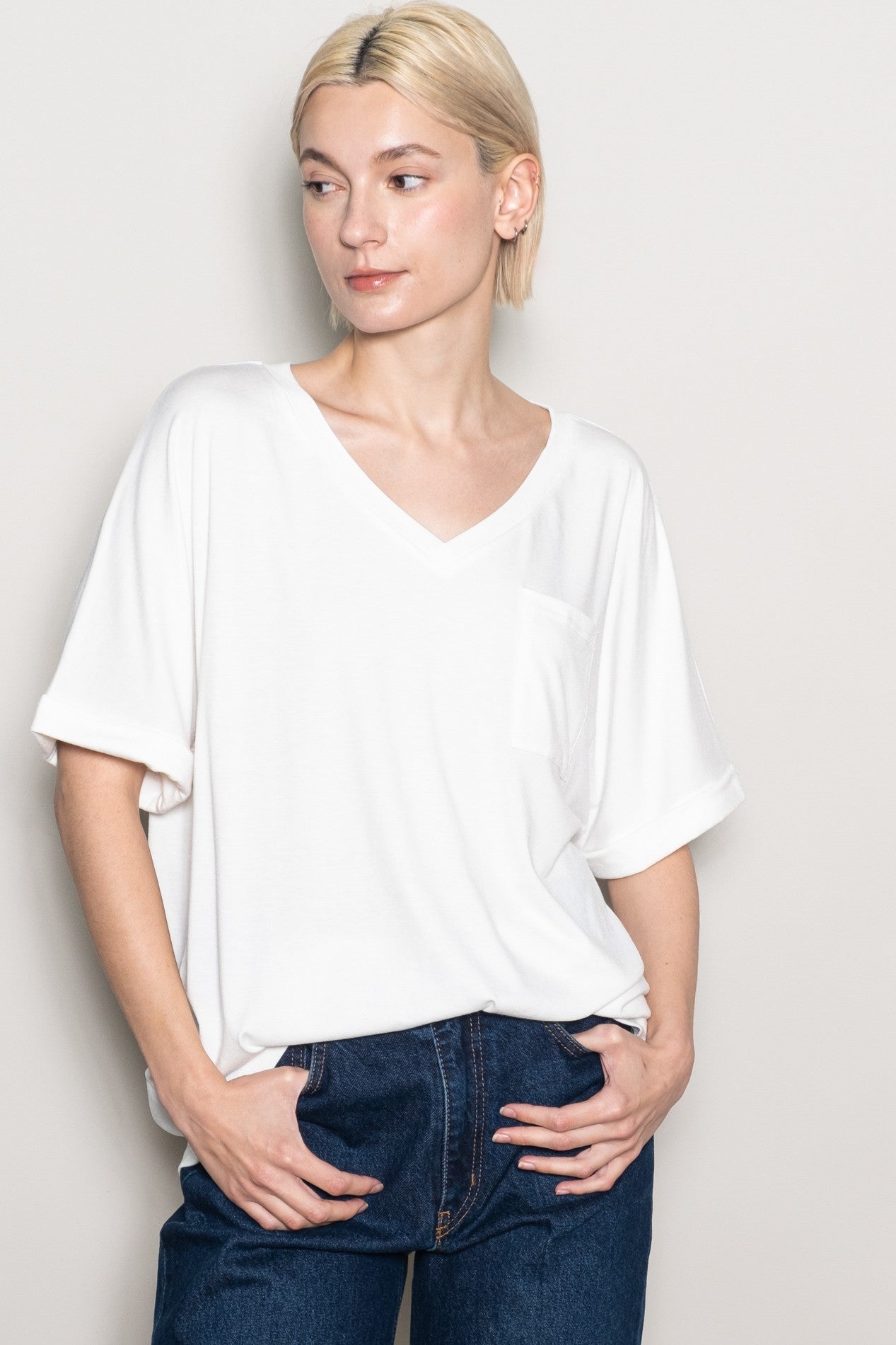 White Oversized V-Neck Front Pocket T-Shirt