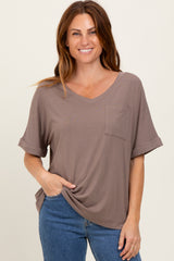 Taupe Oversized V-Neck Front Pocket T-Shirt