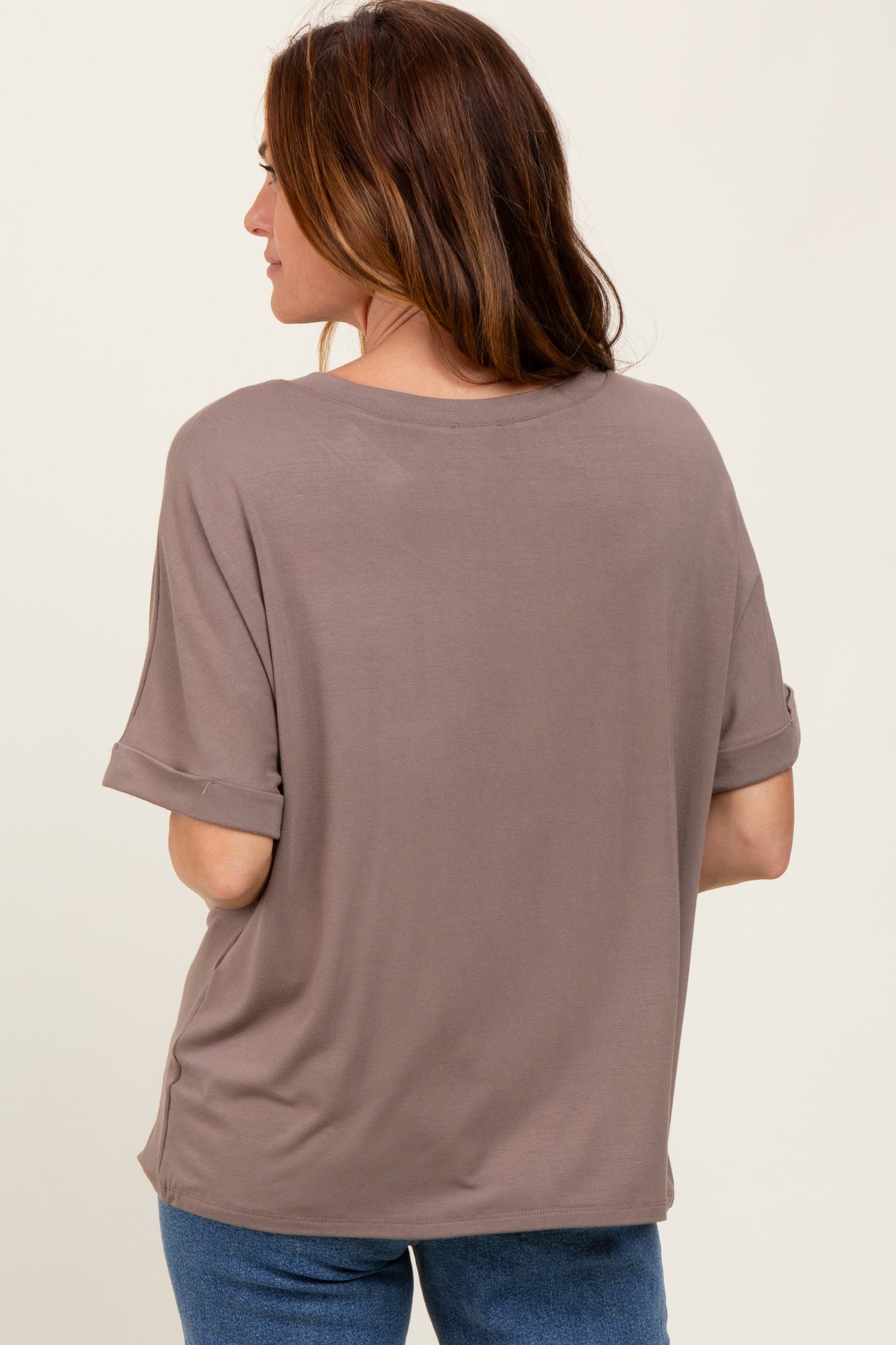 Taupe Oversized V-Neck Front Pocket T-Shirt