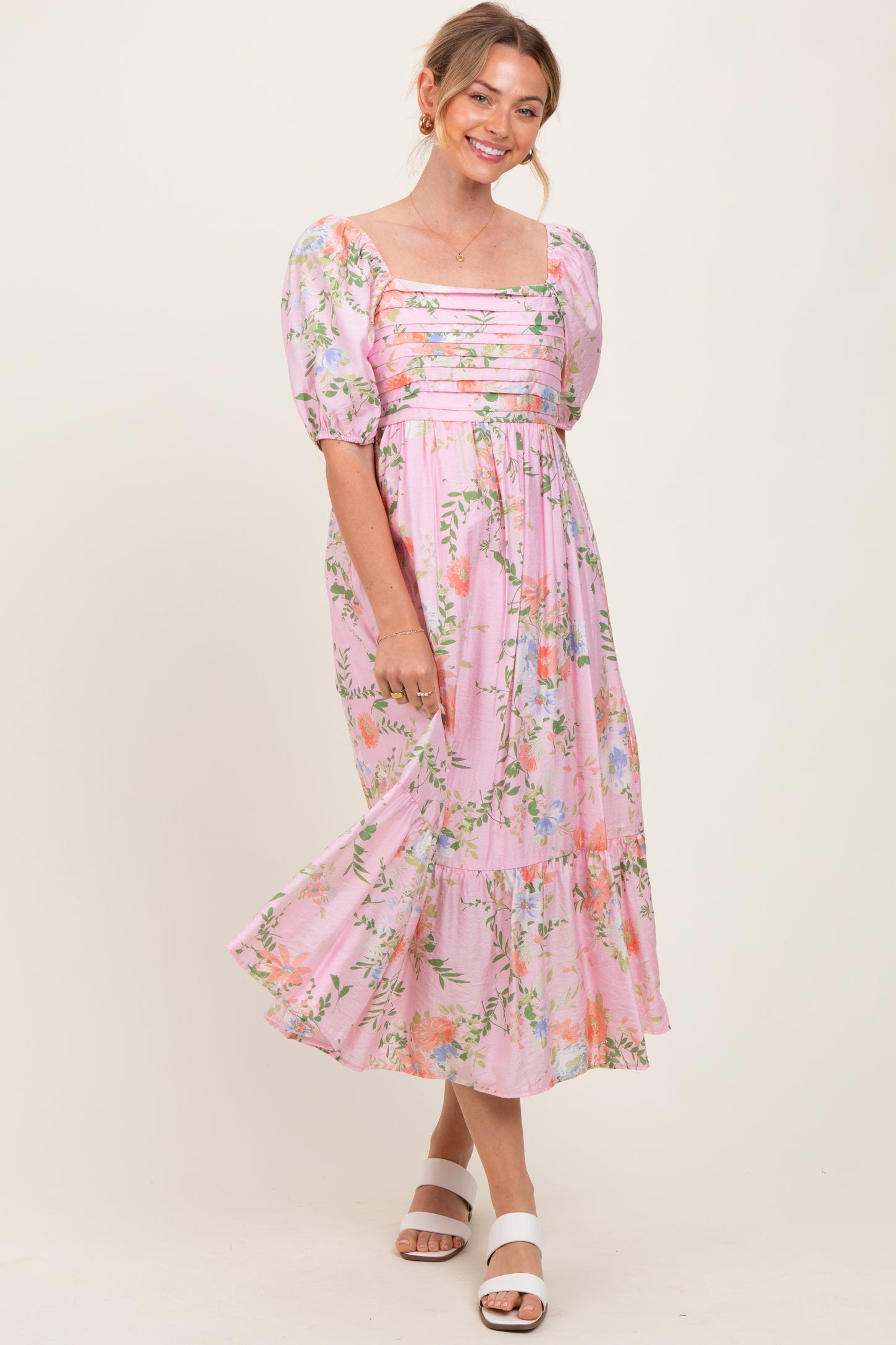 Pink Floral Pleated Bust Puff Sleeve Midi Dress