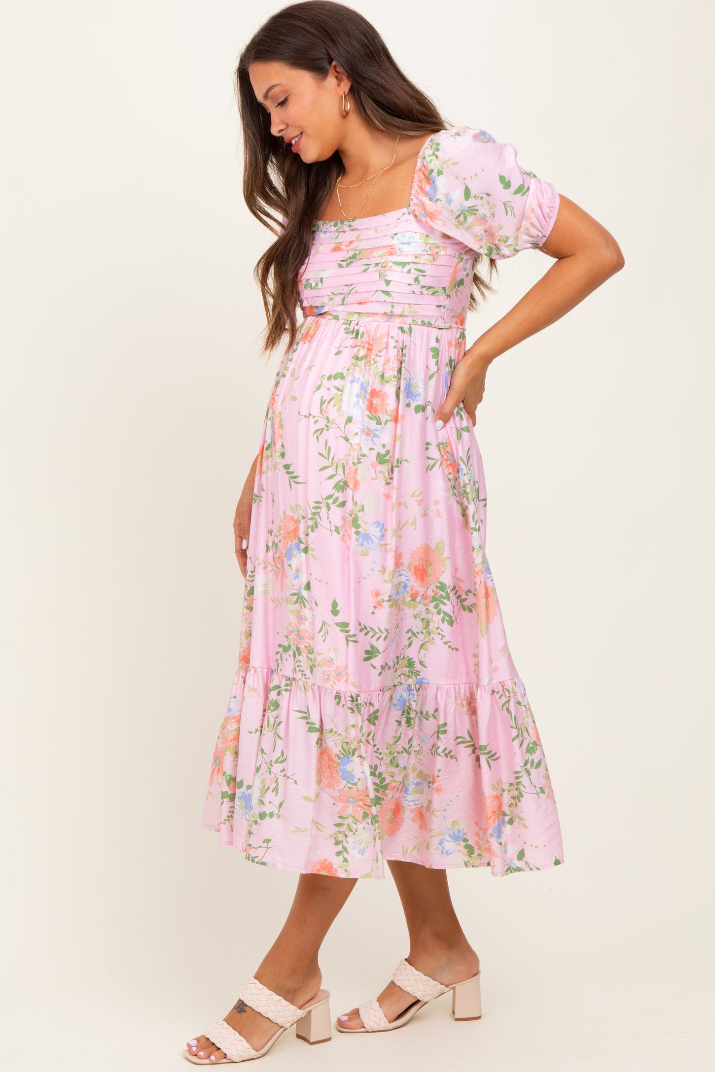 Pink Floral Pleated Bust Puff Sleeve Maternity Midi Dress