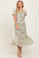 Olive Floral Pleated Bust Puff Sleeve Midi Dress