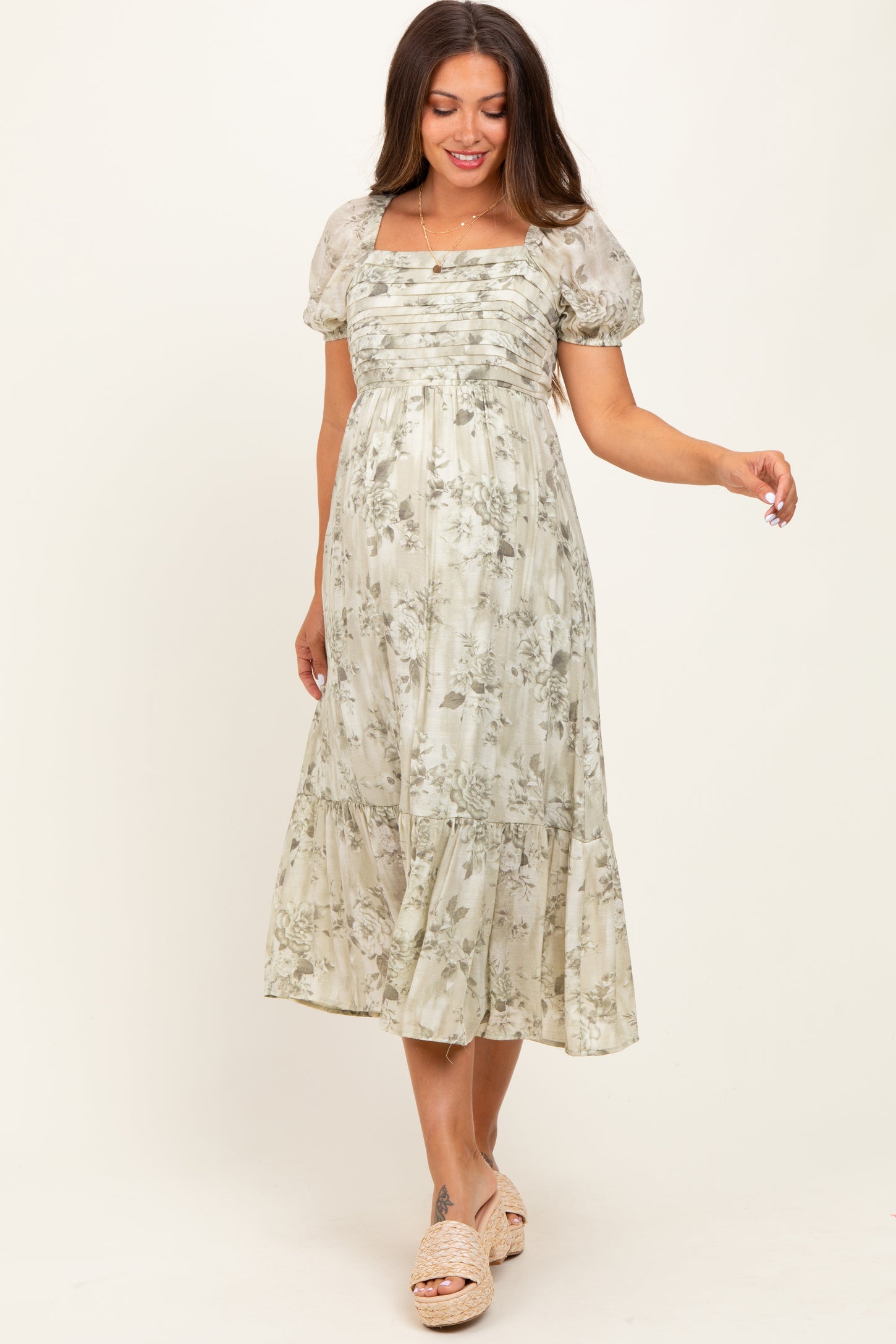 Olive Floral Pleated Bust Puff Sleeve Maternity Midi Dress