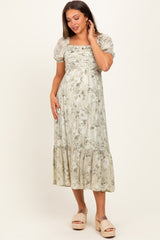 Olive Floral Pleated Bust Puff Sleeve Maternity Midi Dress