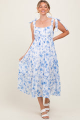 Blue Floral Shoulder Tie Tiered Midi Dress