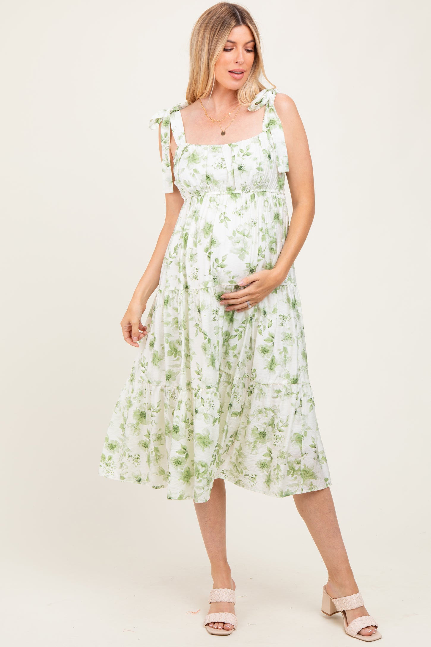 Olive Floral Shoulder Tie Tiered Maternity Midi Dress