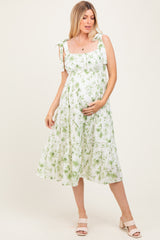 Olive Floral Shoulder Tie Tiered Maternity Midi Dress