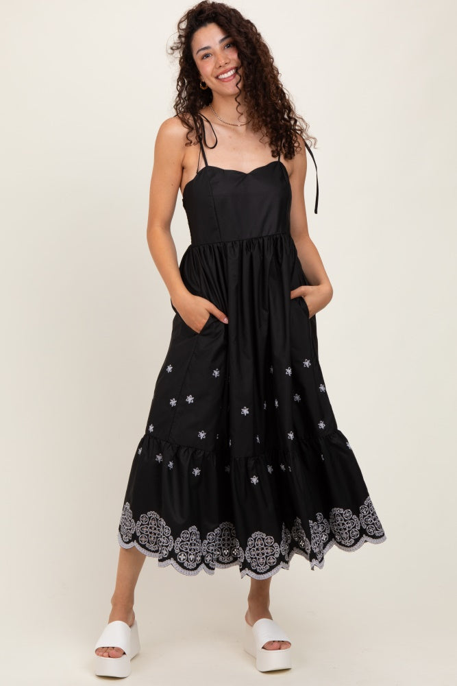 Black Embroidered Shoulder Tie Midi Dress