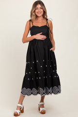 Black Embroidered Shoulder Tie Maternity Midi Dress