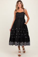 Black Embroidered Shoulder Tie Maternity Midi Dress